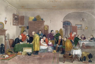Rent Day, vyrytý Abraham Raimbach (1784-1868), publikoval 1817